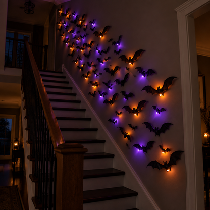 LED bats climbing a staircase wall with purple and orange glow